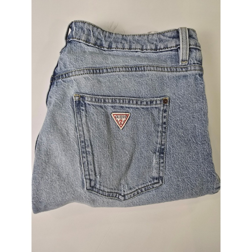 Guess Mom Jean Women 28 Light Blue Distressed High Rise Raw Hem Denim